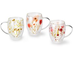 cha cult - Thee/koffieglas, dubbelwandig gebloemd- cha cult - glasservies set van 6 - dubbelwandig -gedroogde bloemen