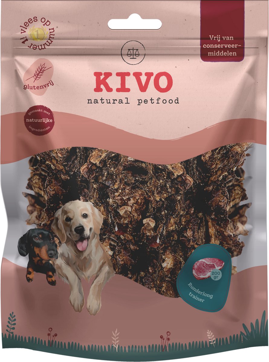 Kivo Petfood Hondensnack Runderlong Trainer 2 zakken x 200 gram - Graanvrij en Glutenvrij