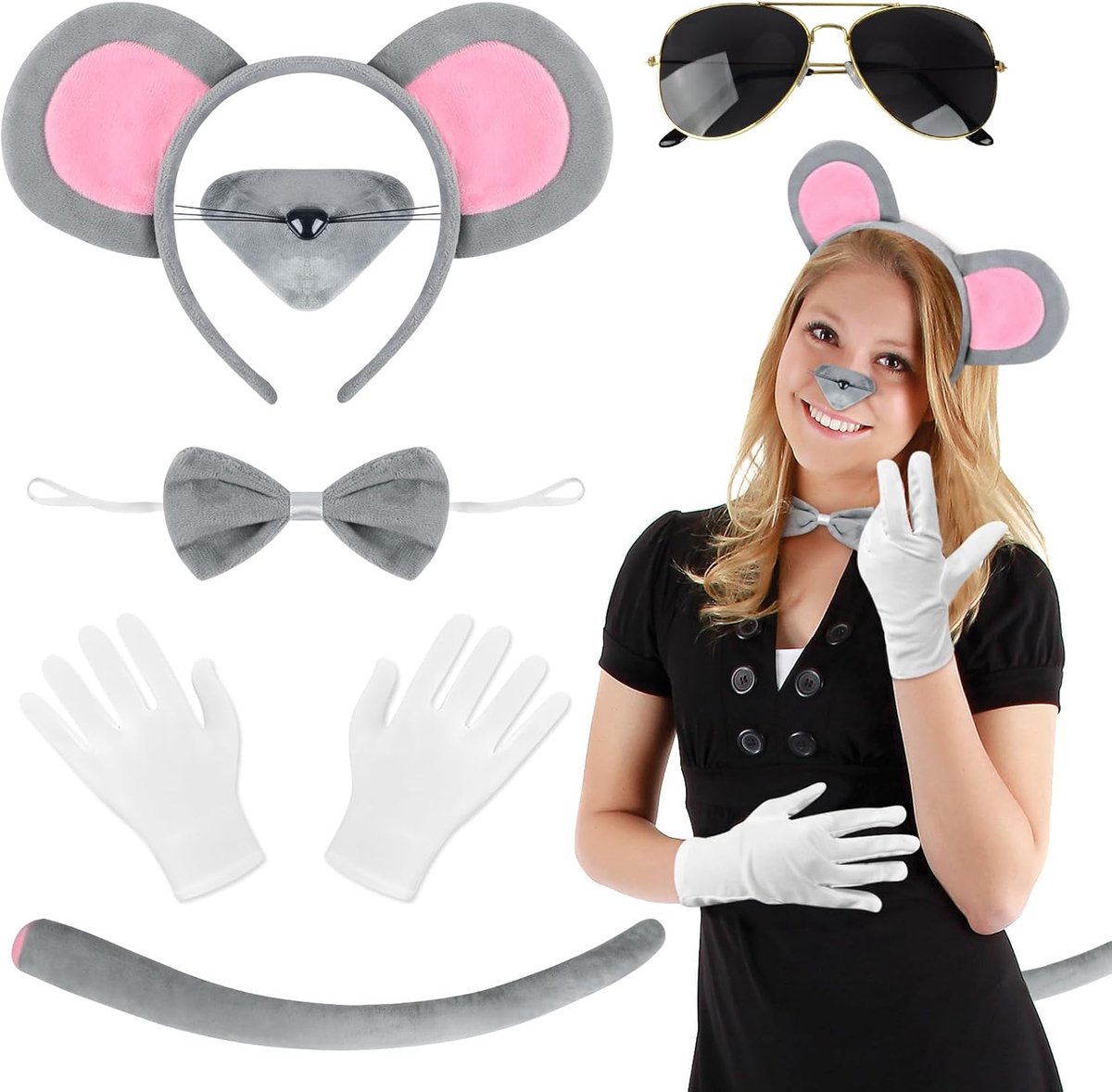 6 stuks muizenkostuum voor dames, dierkostuum voor volwassenen, muizenoren, haarband, rattenstaart, neus, vlinderdas, zonnebril, handschoenen voor carnaval, Halloween, cosplay party