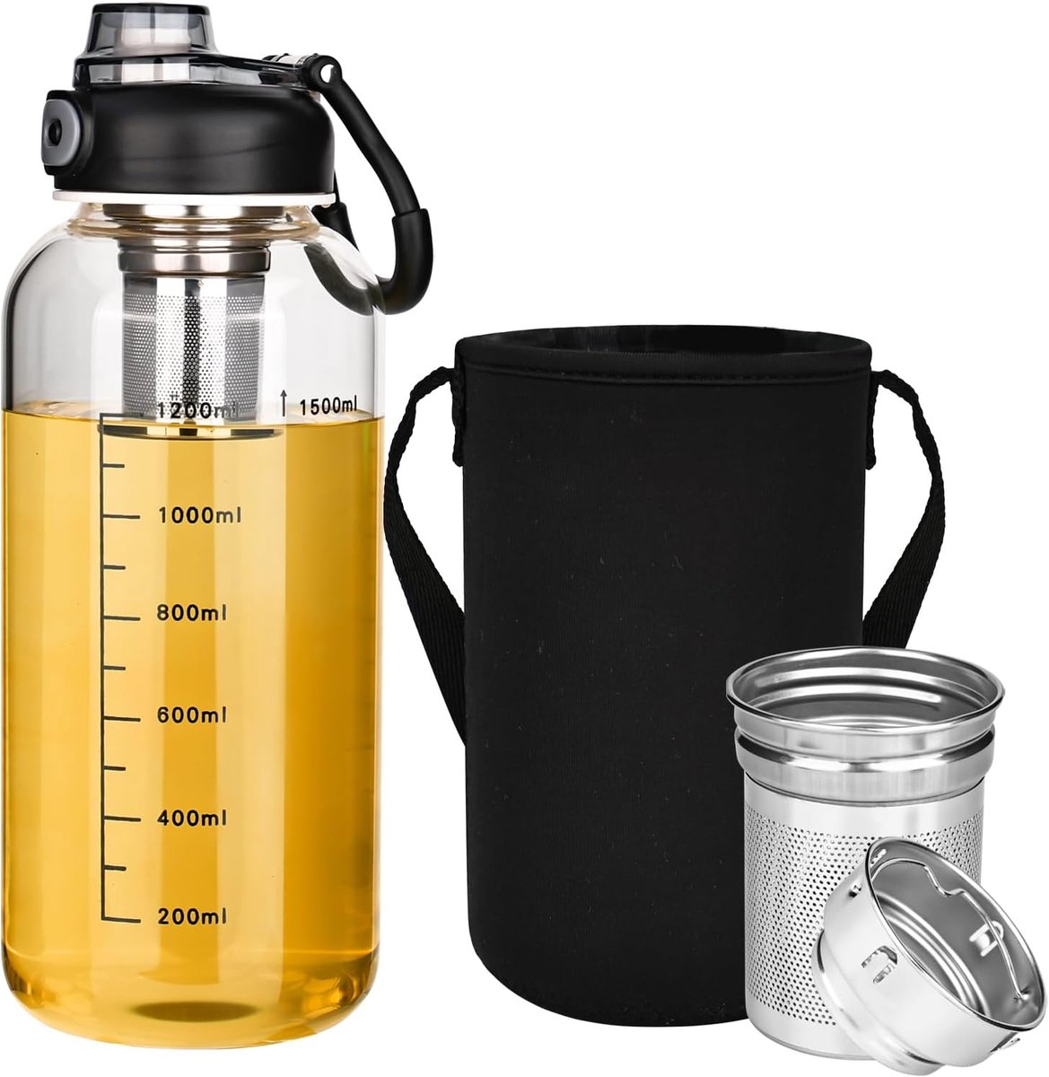 Drinkfles van glas met theezeef, herbruikbare glazen fles, 1,5 liter, met beschermhoes, waterfles, lekvrij, glazen drinkfles voor waterdranken
