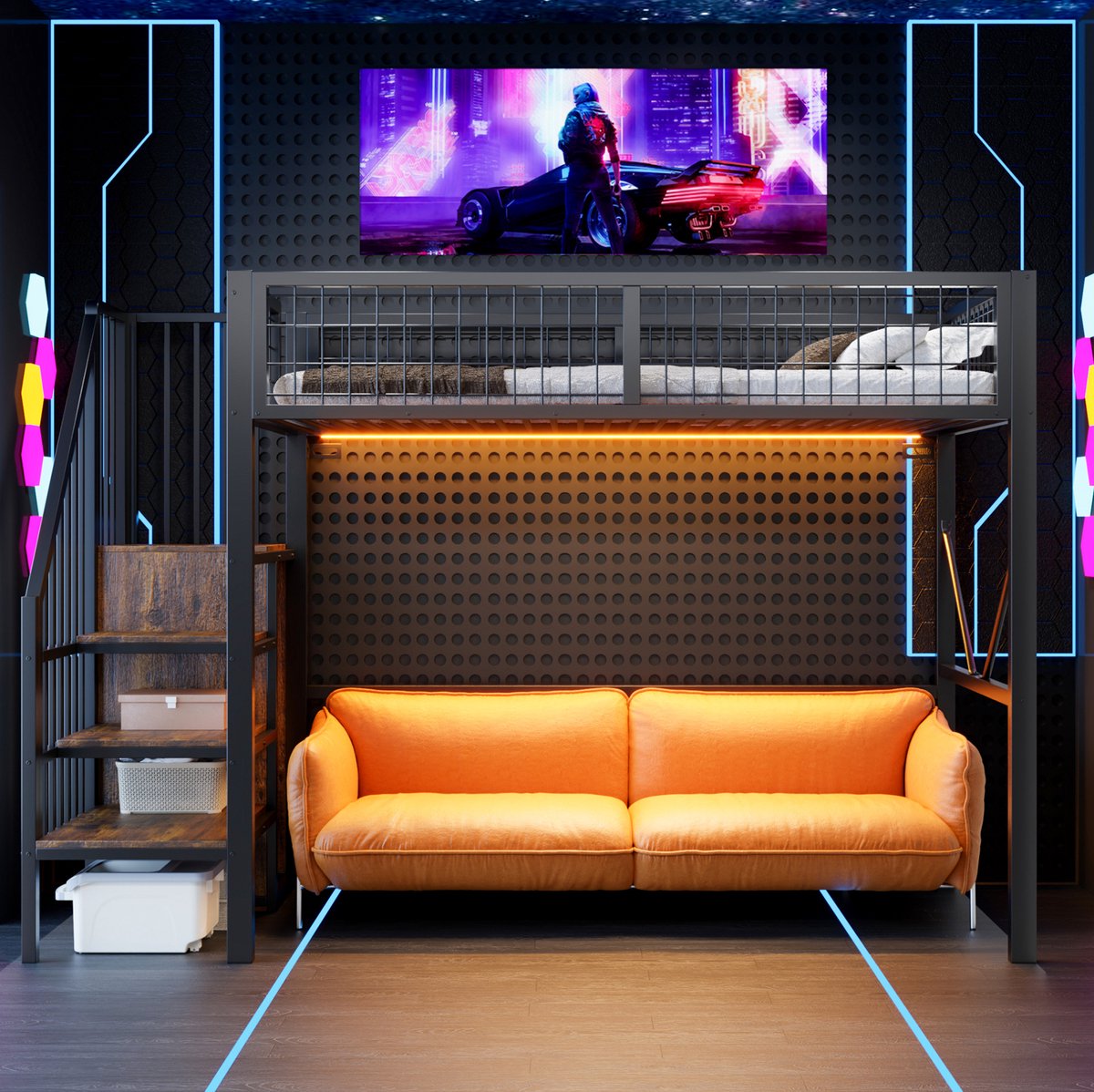 MODENUIT Hoogslaper – 90 x 200 Cm – Met Opbergladder En Ledverlichting – Metaal En Hout – Zwart – Eenpersoonsbed
