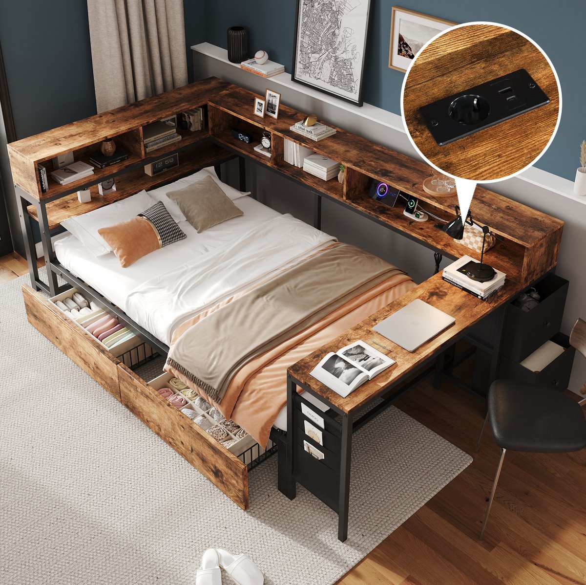 MODENUIT Metalen Bed – 120 x 200 cm – 2 Lades en Laadaansluiting – Metaal en MDF – Zwart en Naturel – Opbergruimte