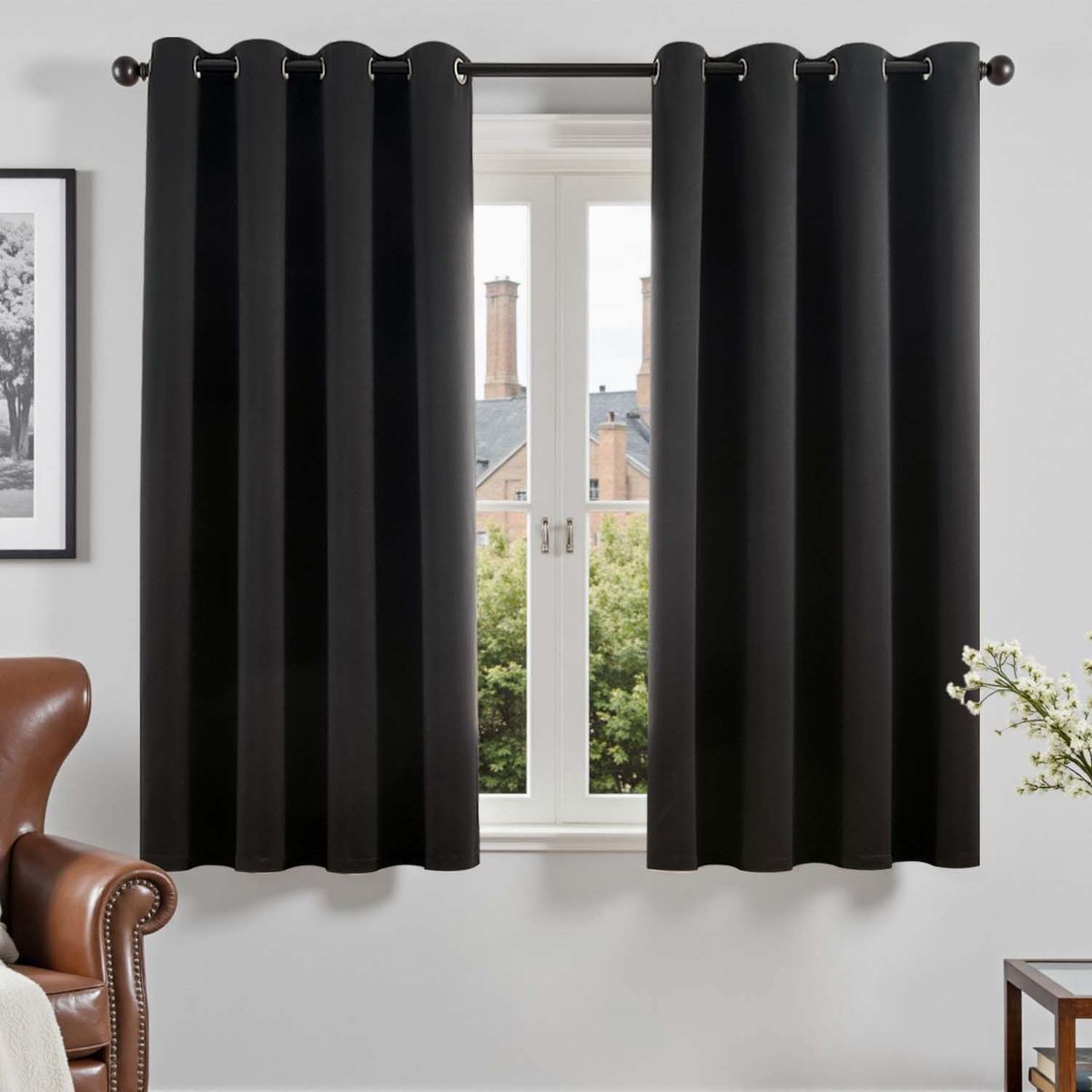 Gordijnen, kort, ondoorzichtig, zwart, met inslagringen, H 145 x B 140 cm, set van 2, verduisteringsgordijnen, keukengordijn, slaapkamer, woonkamer, kort, modern, kinderkamer, woonkamer