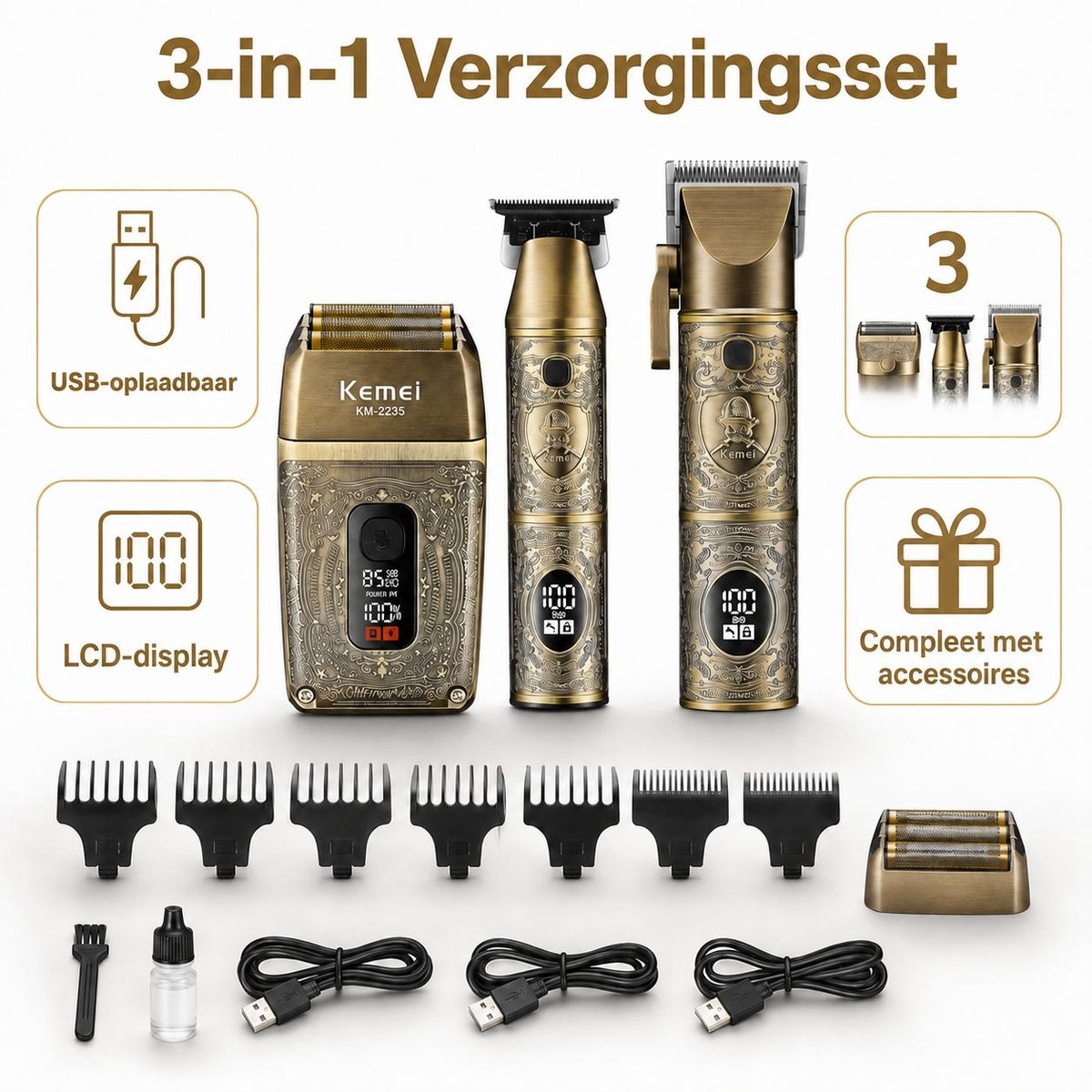 Kemei KM-2235 – 3-in-1 Professionele Tondeuse, Trimmer & Scheerapparaat – Draadloos – LCD Display – Metalen Behuizing