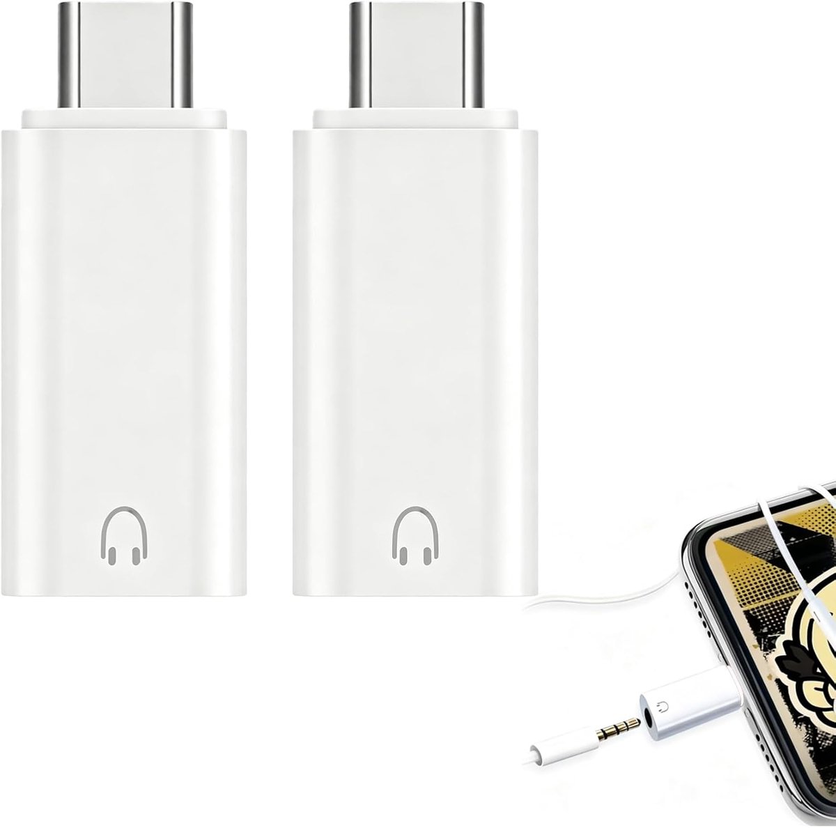 2 stuks USB C naar 3,5 mm audio, adapter USB C, type C naar hoofdtelefoon 3,5 mm Aux jack, plug & play adapter USB C naar jack voor iPhone 16/15, Galaxy S24/S23, iPad Pro, MacBook, wit