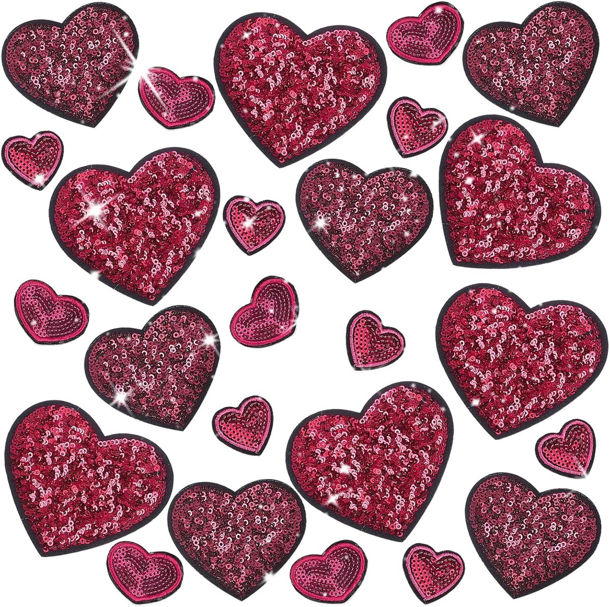 24 stuks patches om op te strijken in hartvorm met pailletten, applicaties om op te naaien met Glitter Love, rood glanzende hartvorm voor kledingaccessoires