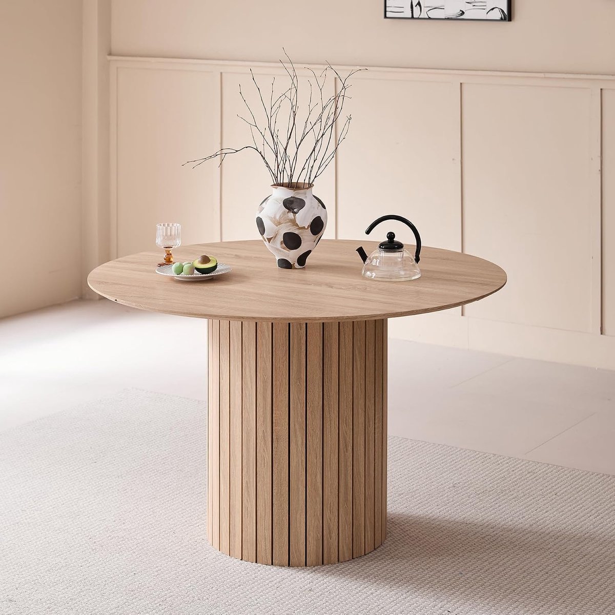 120 cm ronde eettafel voor 4-6 personen; rustieke keukentafel met cilindrische basis, MDF-plaat en houten geribbelde sokkel (lichte houtstructuur)