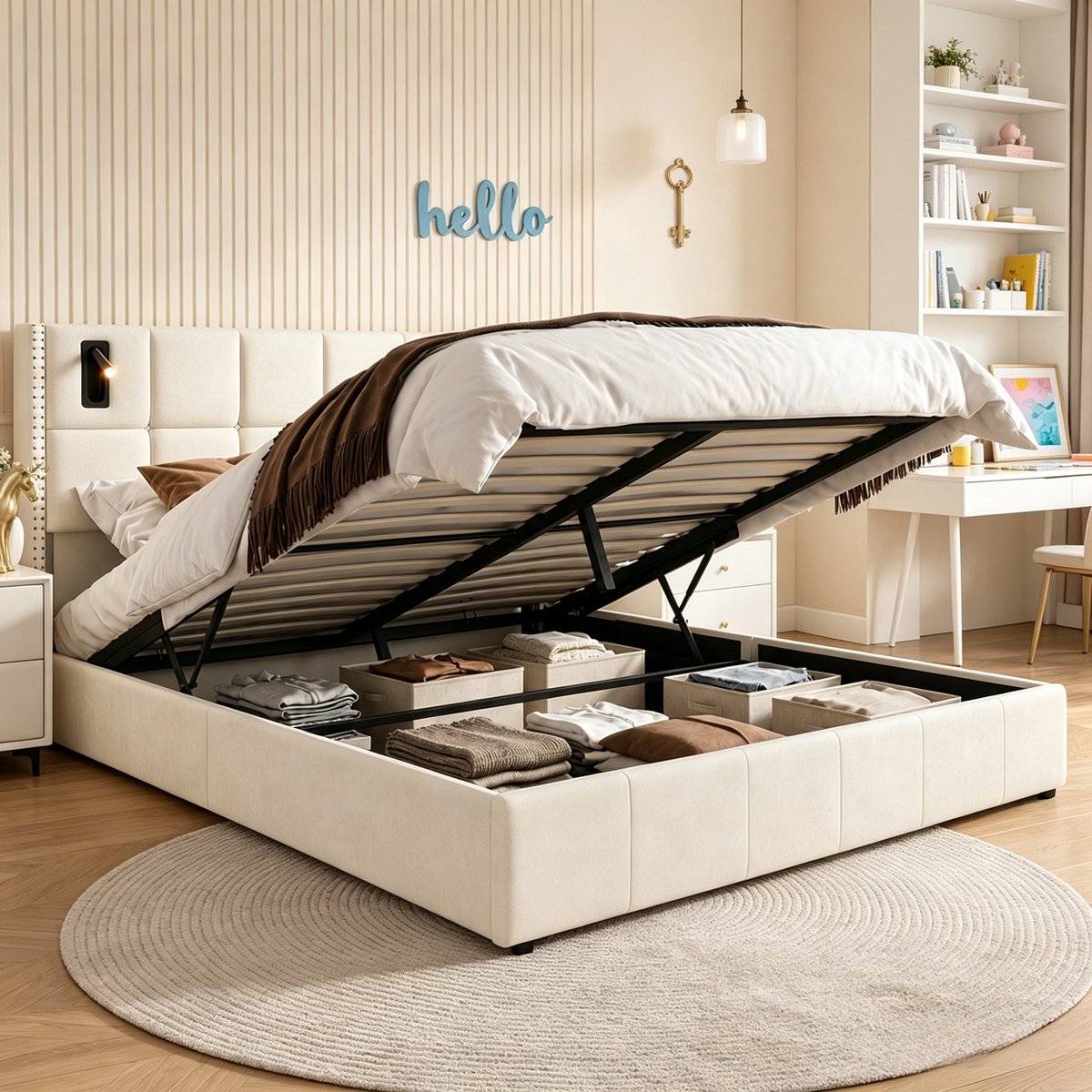 ROSAHQNDA Tweepersoonsbed 140x200 cm, gestoffeerd opbergbed met LED-leeslampen, volwassen bed, fluweel, beige, zonder matras