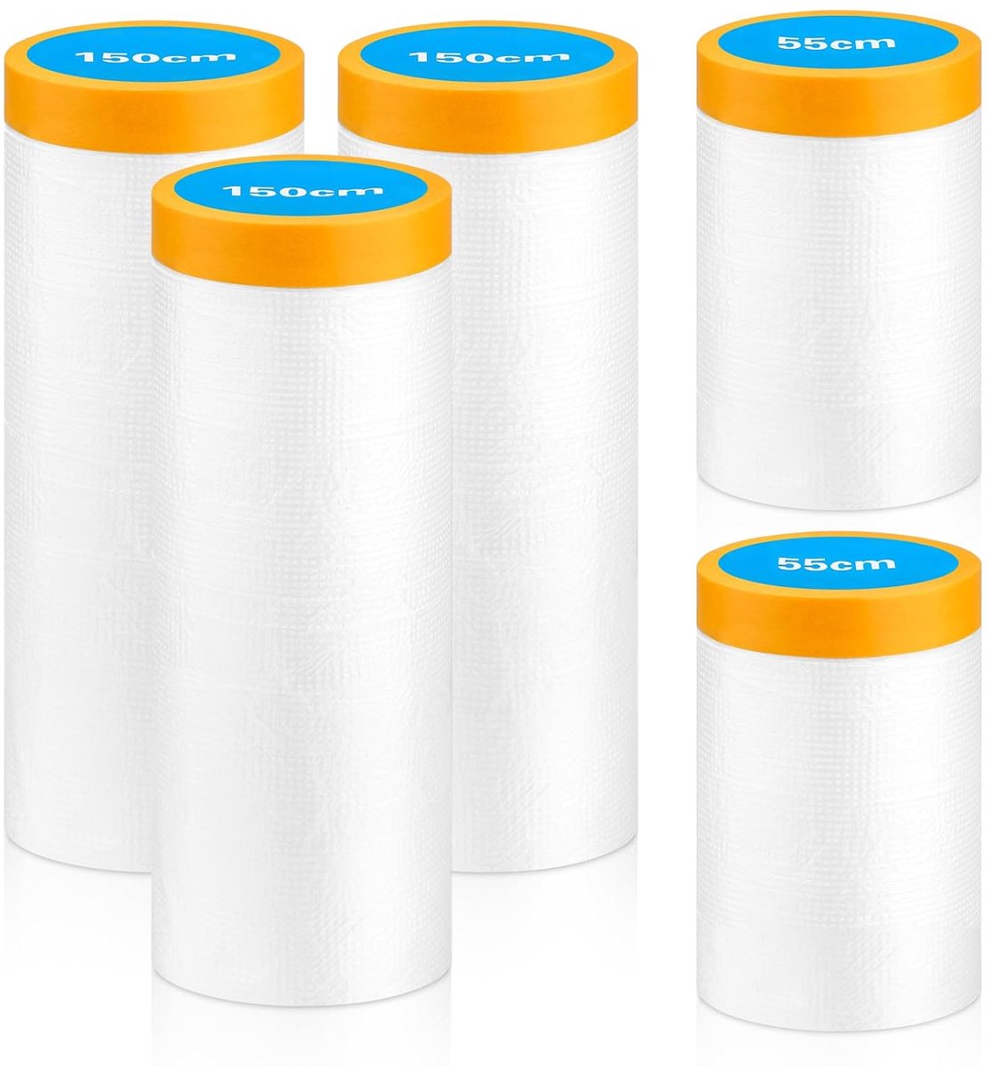 5 rollen afdekfolie met plakband, 100 meter schilderfolie, afdekfolie, folie met plakband, plakband met folie voor meubelbescherming, vloerbescherming (3 rollen 150 cm x 20 m + 2 rollen 55 cm x 20 m)
