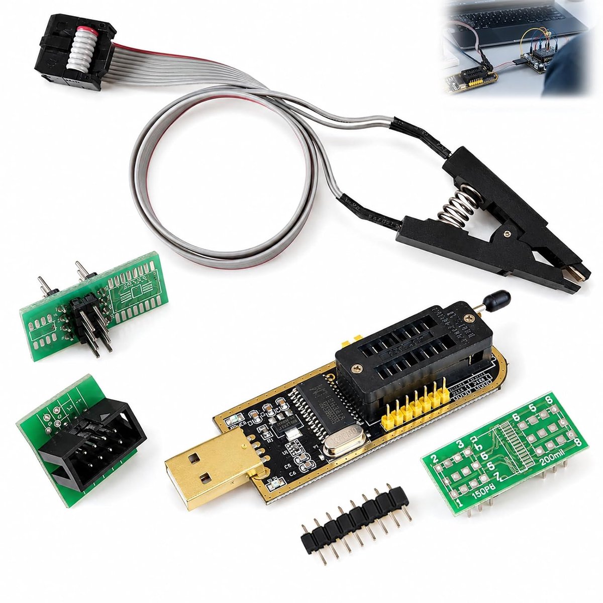 6 stuks CH341A programmeur USB compatibel EEPROM BIOS 24/25 serie IC, Soic8 test clip programmeermodule laptop router LCD reparatie in-circuit programmering beveiliging branden testen adapter