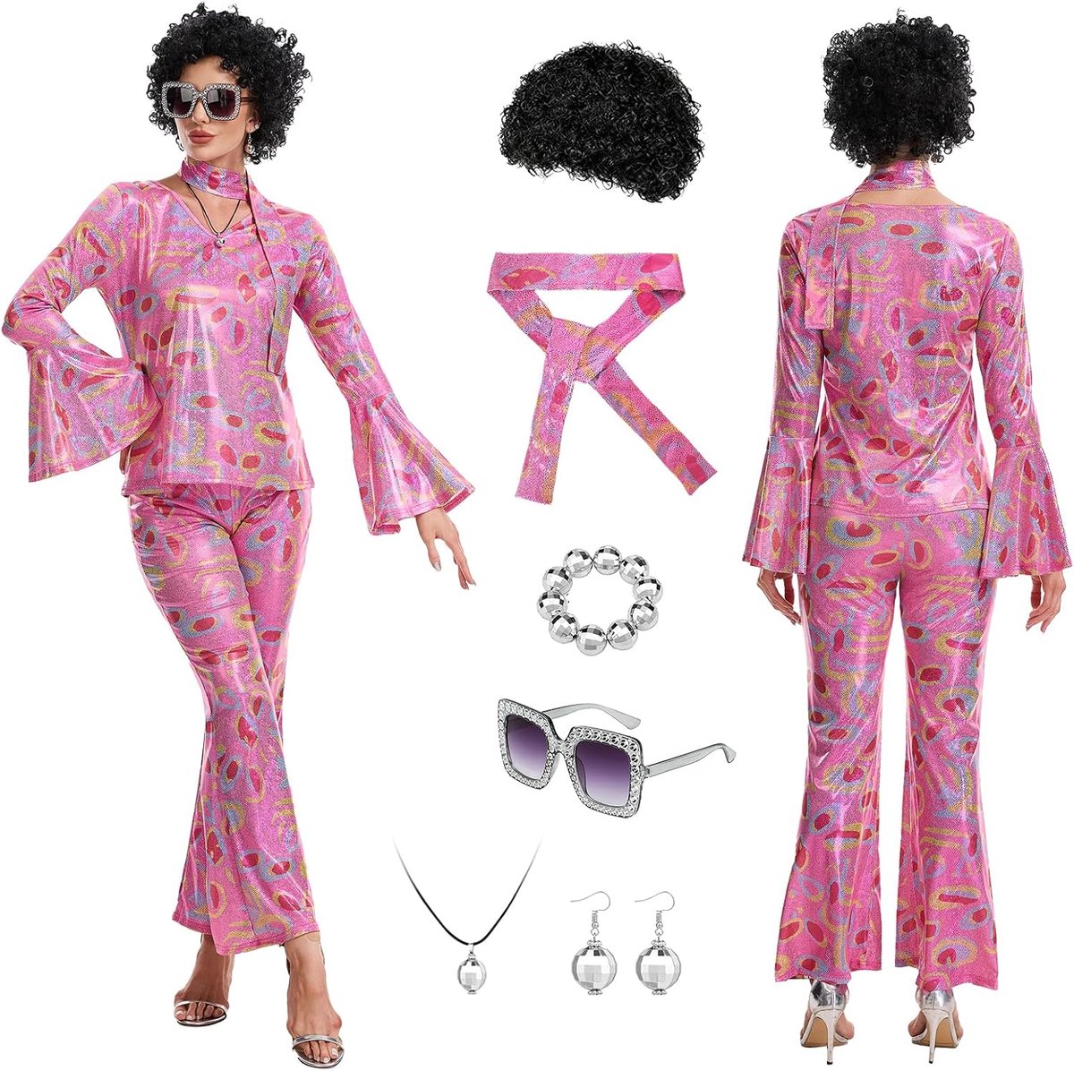 70s Fancy Disco Outfits Vrouwen, 70s Shiny Disco Kostuum Set voor Carnaval Halloween Cosplay Party