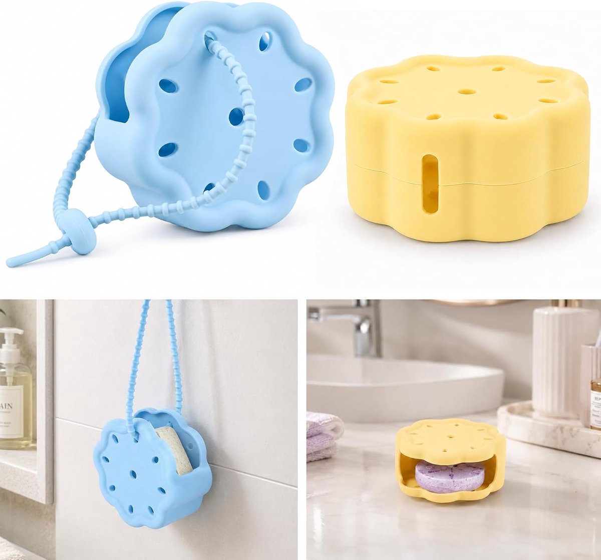 Set van 2 siliconen douchestoombakjes met verstelbare riem, stoomhouder, badballen, organizer, aromatherapie, diffuser, container, badkameraccessoires (blauw geel)
