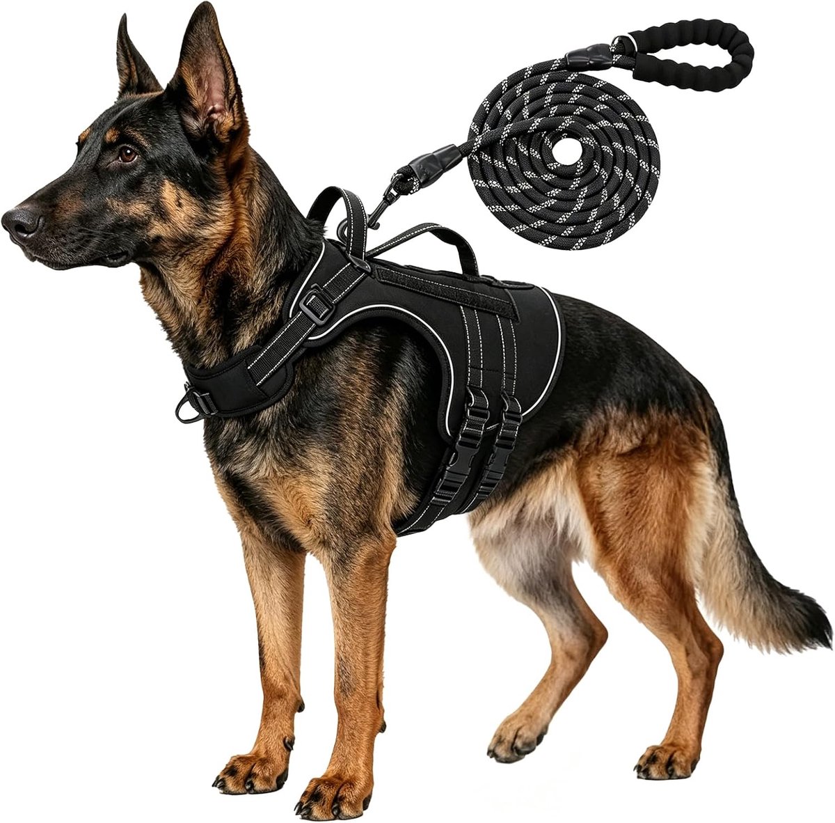 Hondenharnas voor middelgrote en grote honden met riem, ontsnappingsbestendig No Pull veiligheids-harnas met 2 handgrepen, verstelbaar reflecterend hondenharnas (L)