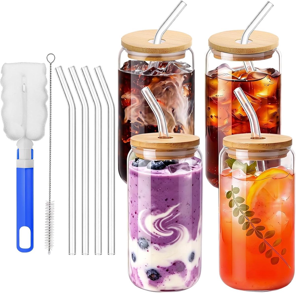 4 Stuks Glazenset, 500 ml Glazen met Deksel en Rietje, Herbruikbare Matchaglazen, voor Cocktails, IJskoffie, Melk, Bruiswater en Sap, Glazen Drinkbekers voor Warme en Koude Dranken
