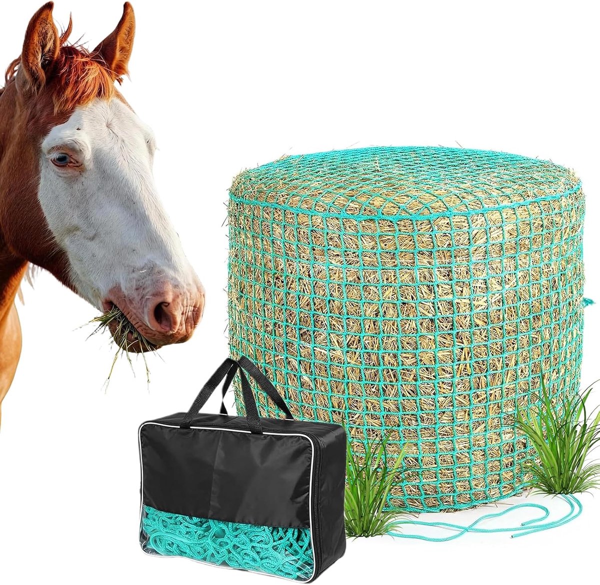 Ronde ballen, diameter 150 cm, hoogte 150 cm, maaswijdte 4,5 x 4,5 cm, stabiel hooinet voor paarden, geschikt voor soorten voeding, fijnmazig voedernet, langere eettijden, kleur groen
