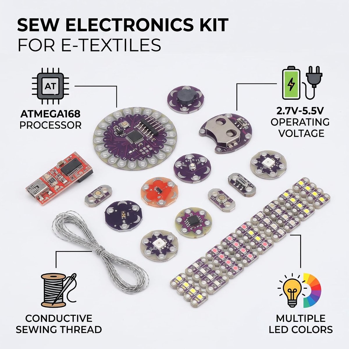 Lilypad Sewing Electronics Kit, Geleidende Thread Ingesteld met Atmega168 Development Board voor Elektronische Textielprojecten en Interactieve Ontwerpen