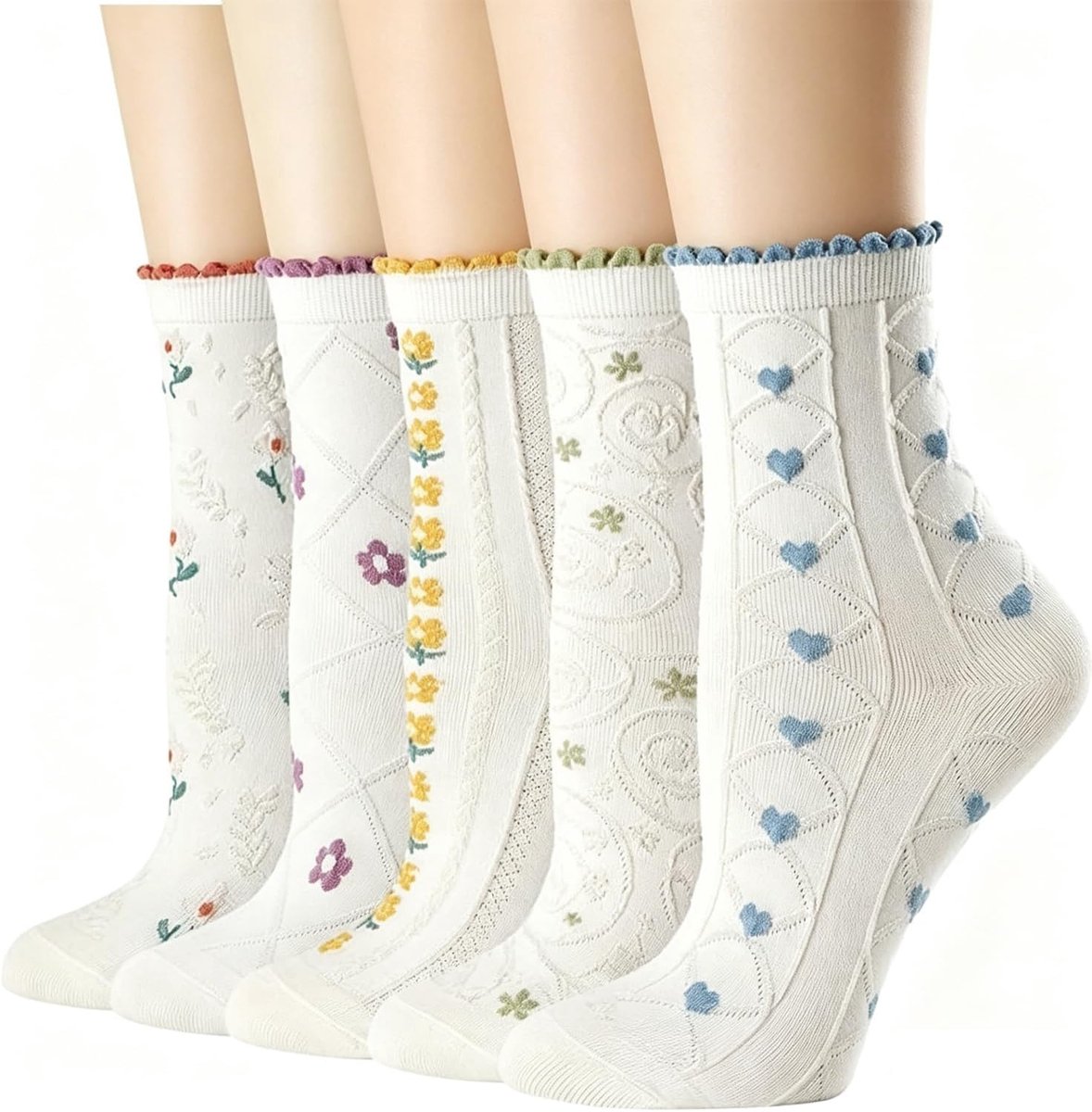 5 Paar Crew Sokken voor Dames met Ruches, Gebreide Katoenen Damessokken met Bloemen- en Hartpatroon, Ademende Casual Sokken, One Size