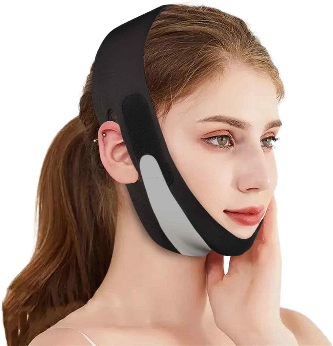 Anti-dubbele kin, lifting-gezichtsmasker, herbruikbaar, V-Line, om de huid te verstevigen en de contouren van het gezicht te vormen, comfortabel en verstelbaar, zwart