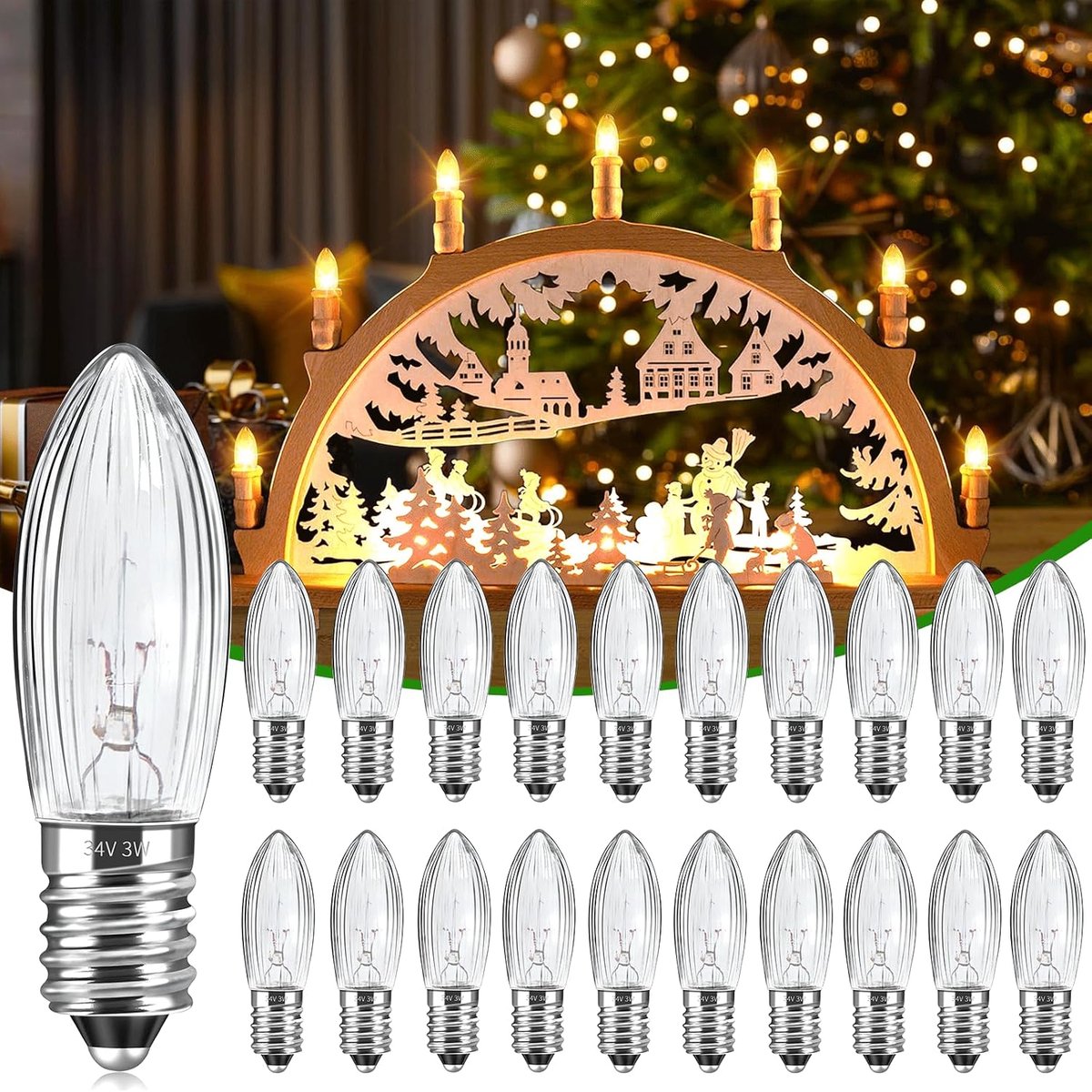 20-pack E10 34V 3W kaarslampen, vervangende bruglampen, warm wit 2700K, MES reserve kerstlampen voor boog, kandelaar, spitse kaars, lichtsnoer