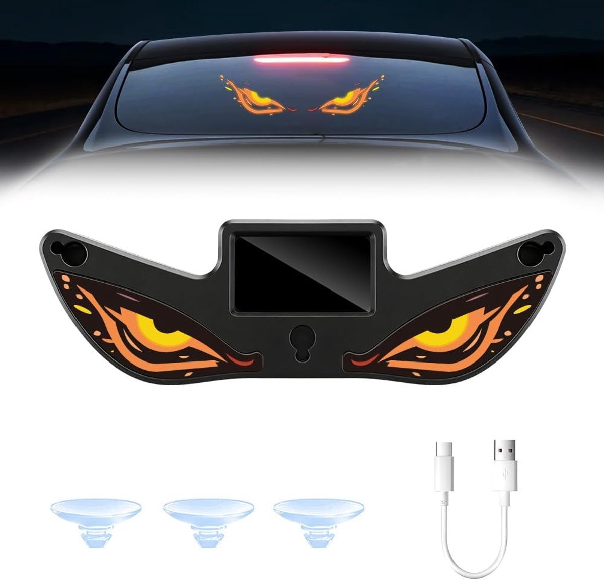 Duivelsooglicht voor autoruiten, werkt op zonne-energie, 6 modi, led-omgevingslicht voor auto Demon Eye (geel + oranje + zwart)