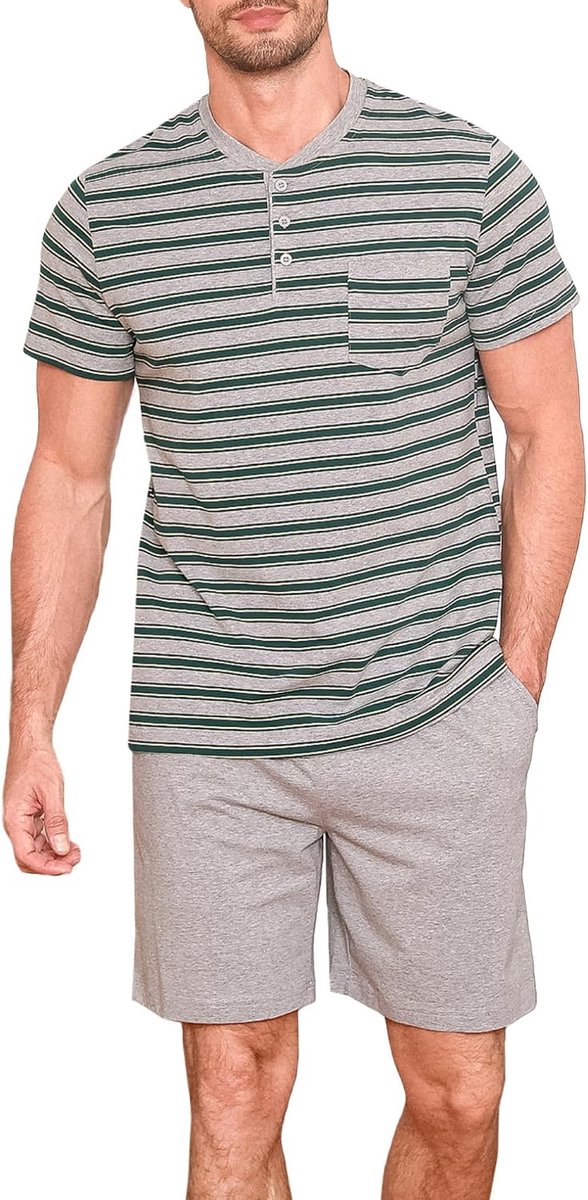 Korte katoenen pyjamaset, korte mouwen, nachtkleding set met knoopsluiting en strependesign