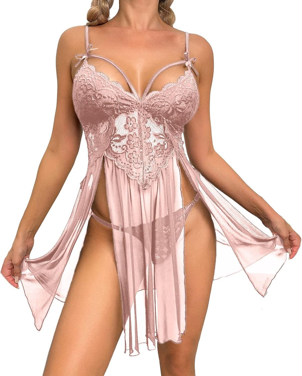 Sexy lingerieset voor dames, babydoll, kant, sluier, bordeaux, geschulpte zoom, lichte stof, getailleerd, verfijnd, zacht, nachtkleding, bruiloftsnacht, A267