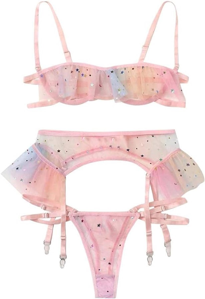 Sexy dames erotische lingerie Dames Sexy Lingerie Met Borduurwerk Kousenband 3st-Rosa_L