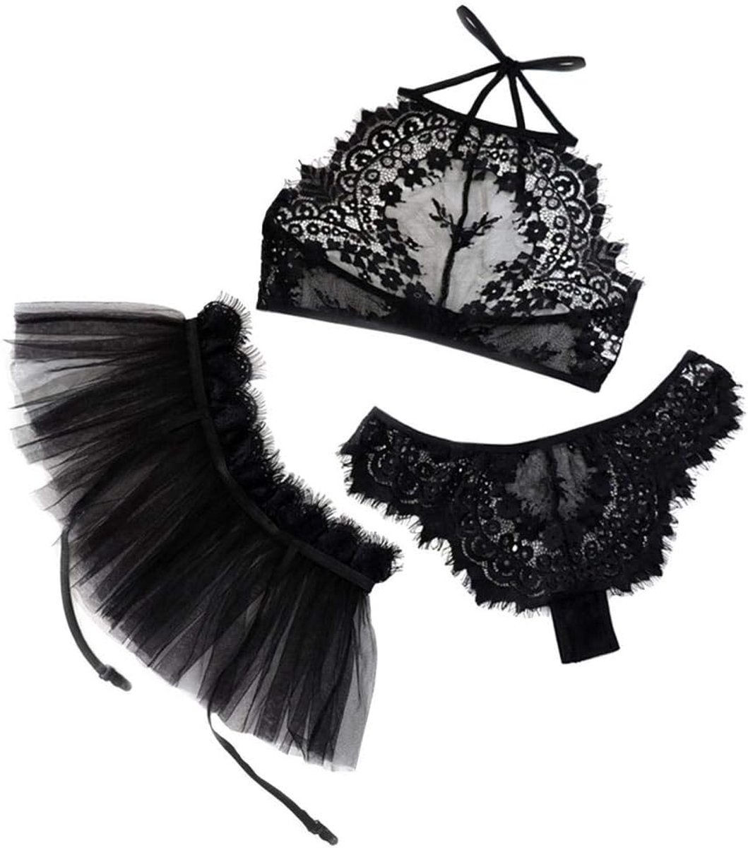 Dames Lingerie Lace Bra G-string Rok Nachtjapon 3PCS