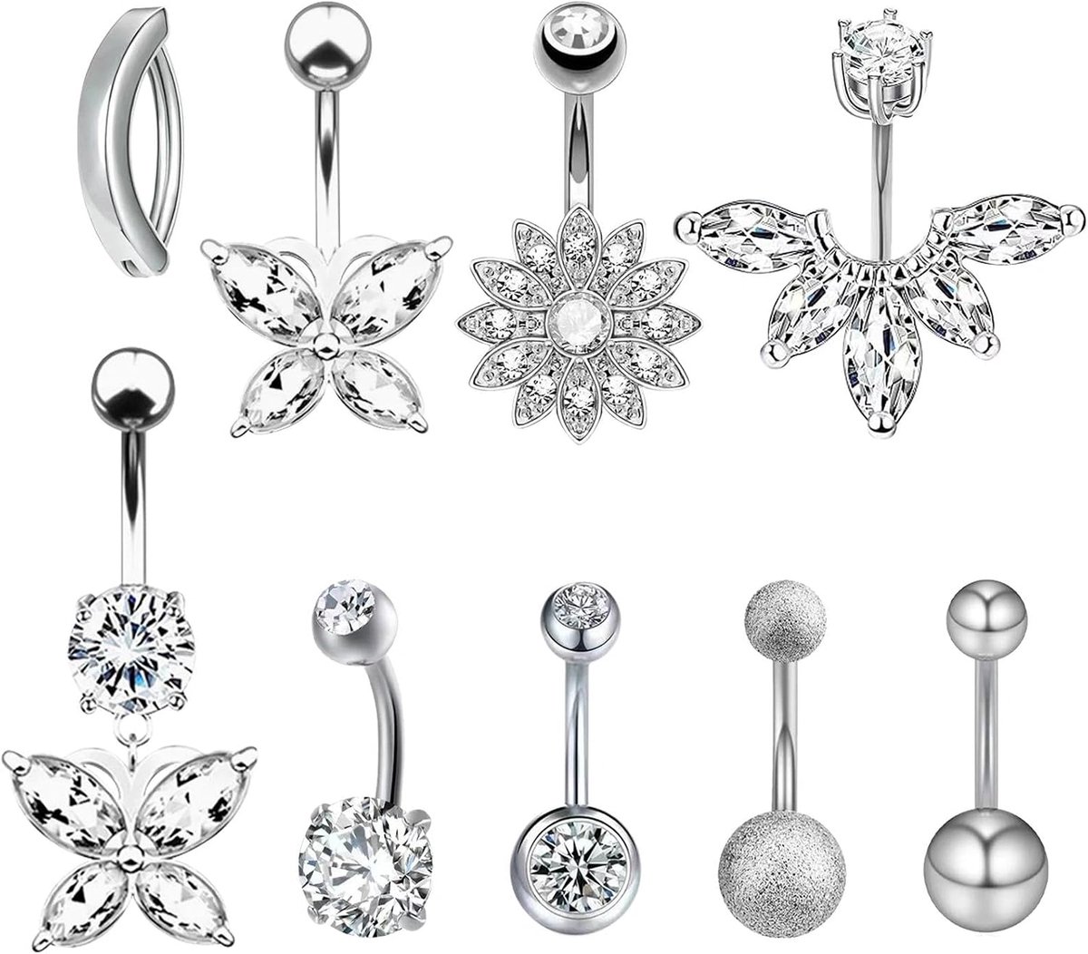 9 navelpiercing, navelpiercing, navelpiercing, ring, lichaamssieraden, vlinder, navelring, zilver, zirkonia, buikpiercing sieraden voor vrouwen en mannen