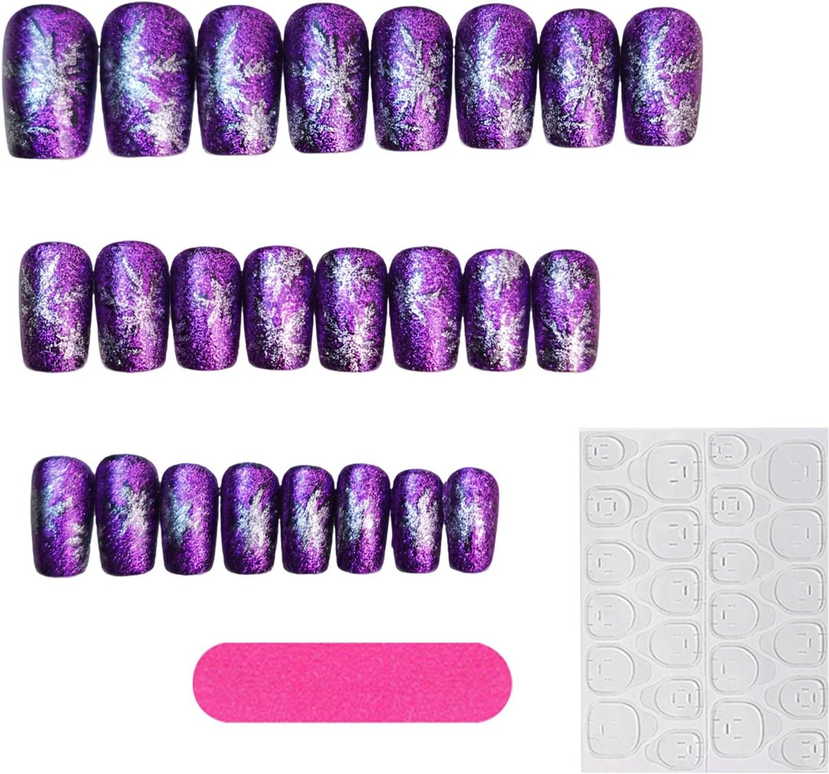 24-delige uv-nagelset met sneeuwvlokken, gemiddelde lengte, eenvoudig elegant paars sneeuwvlokkenpatroon, middellange uv-gelnagels voor nageldesign en dagelijks draagcomfort