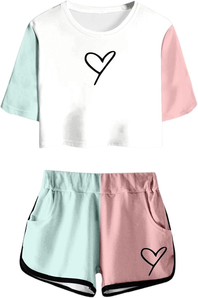 Zomershirt en shorts met korte mouwen voor meisjes, casual outfit met ronde hals en zakken voor tieners en junioren, licht en comfortabel