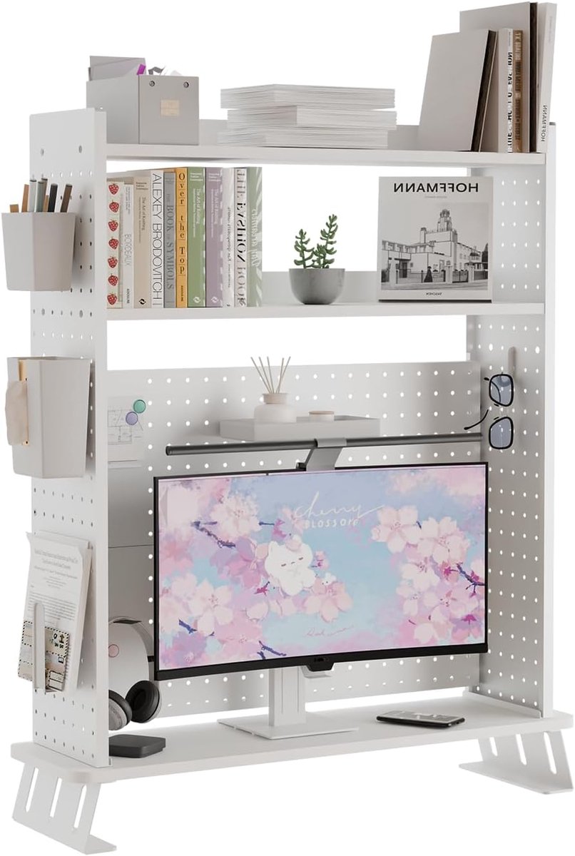 2-Level Desk Shelf met Monitor Riser, Witte 80CM, Desktop Organizer met Pegboard