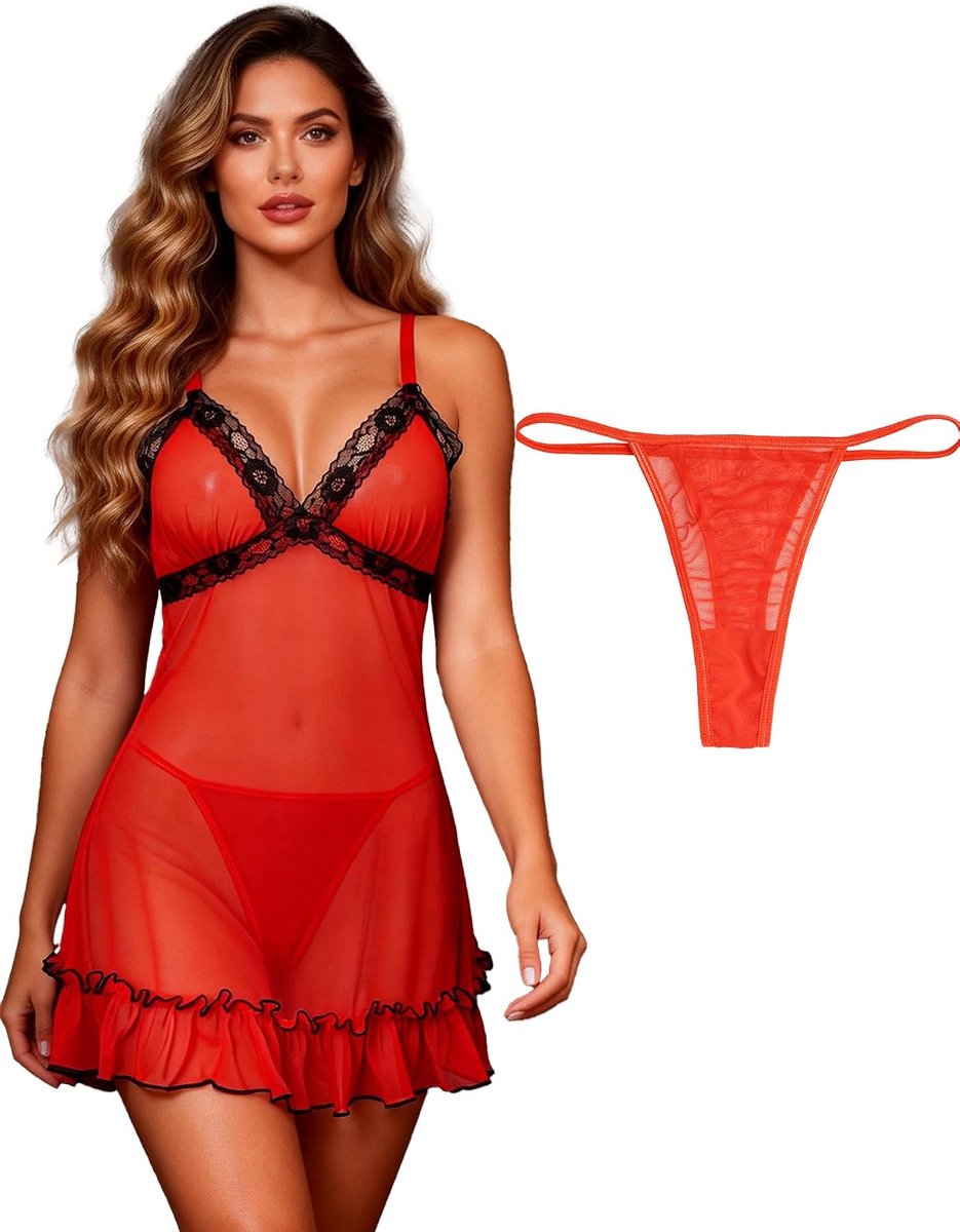 Negligé voor dames, XS-2XL, babydoll, lingerie voor vrouwen, rood, M