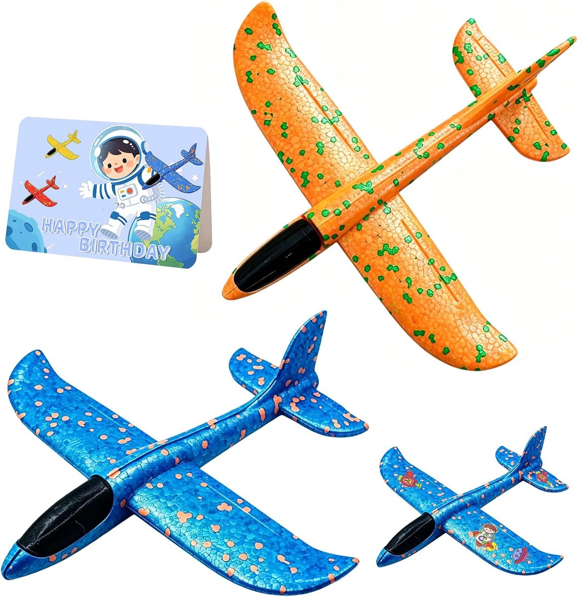 Vliegtuigen, voor jongens met wenskaart, Glider Foam Games Outdoor, astronautensticker, blauw en oranje