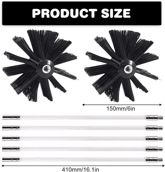 Schoorsteenborstelstang met 18 flexibele stangen van 410 mm + 2 borstelkoppen, bezem voor ovenpijp, schoorsteenveger, reinigingsborstel, accessoires voor open haard, droger — afbeelding 2