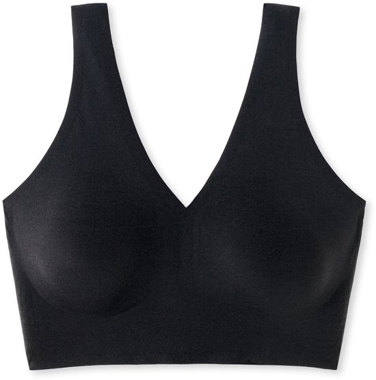 Zwarte, naadloze bustier met V-hals en uitneembare pads. Dit beha-topje van Schiesser heeft brede bandjes.