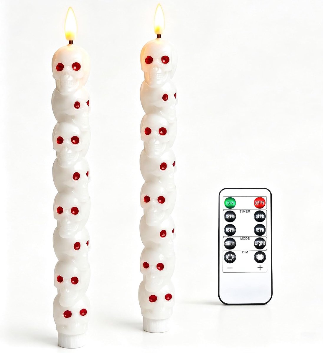 By Halloween schedel vlamloze taps toelopende kaarsen 2 stuks, paraffine LED-kaarsen met afstandsbediening, gothic huisdecoratie, elk gebruikt 2 AAA-batterijen (batterijen niet inbegrepen)