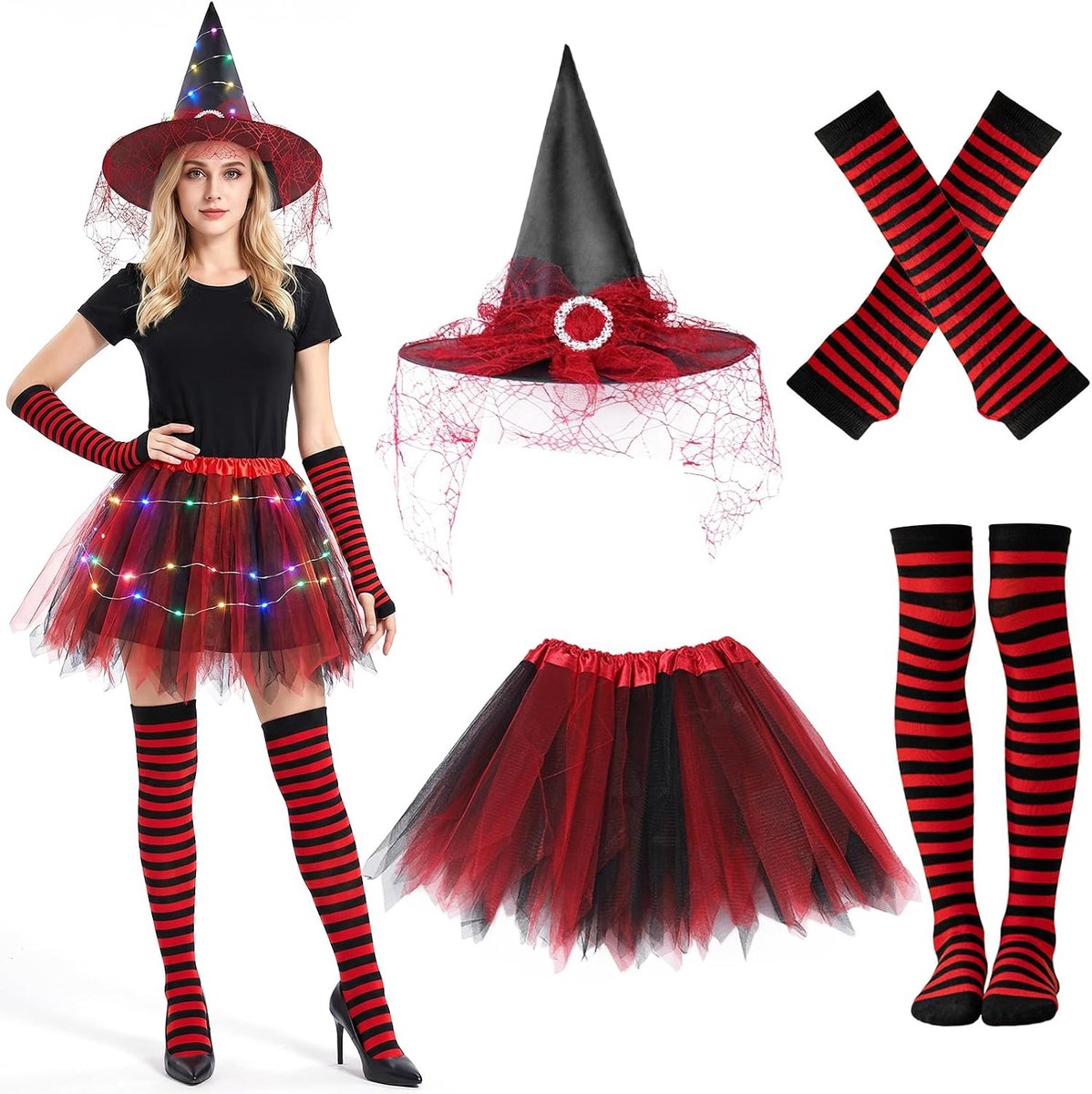 Heksenkostuum voor dames, 4 stuks boze heksenkostuum met heksenhoed, tule rok, tutu, gestreepte sokken, lange handschoenen, heksenkostuum voor Halloween, carnaval, verkleedfeest, carnaval