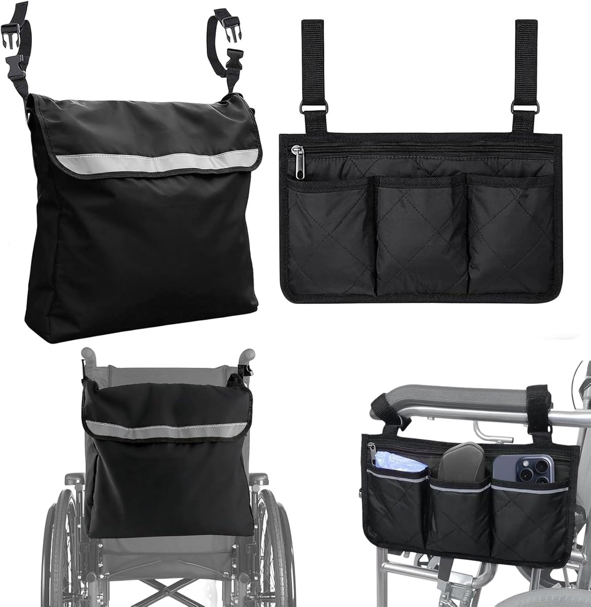 2 stuks rolstoeltas, rolstoeltas, achter- en rolstoeltas, armleuningtas, rolstoelaccessoires, opbergtas voor rollator, rolstoeltas, zwart