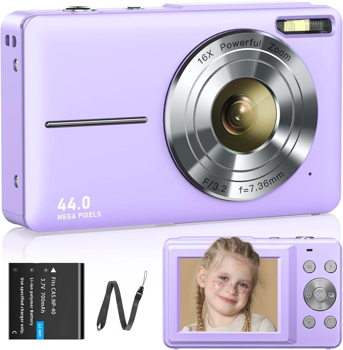 Camera, fotocamera, 1080p, 44MP, 16x digitale zoom met batterijen, digitale camera voor kinderen, jongeren, studenten, beginners, paars
