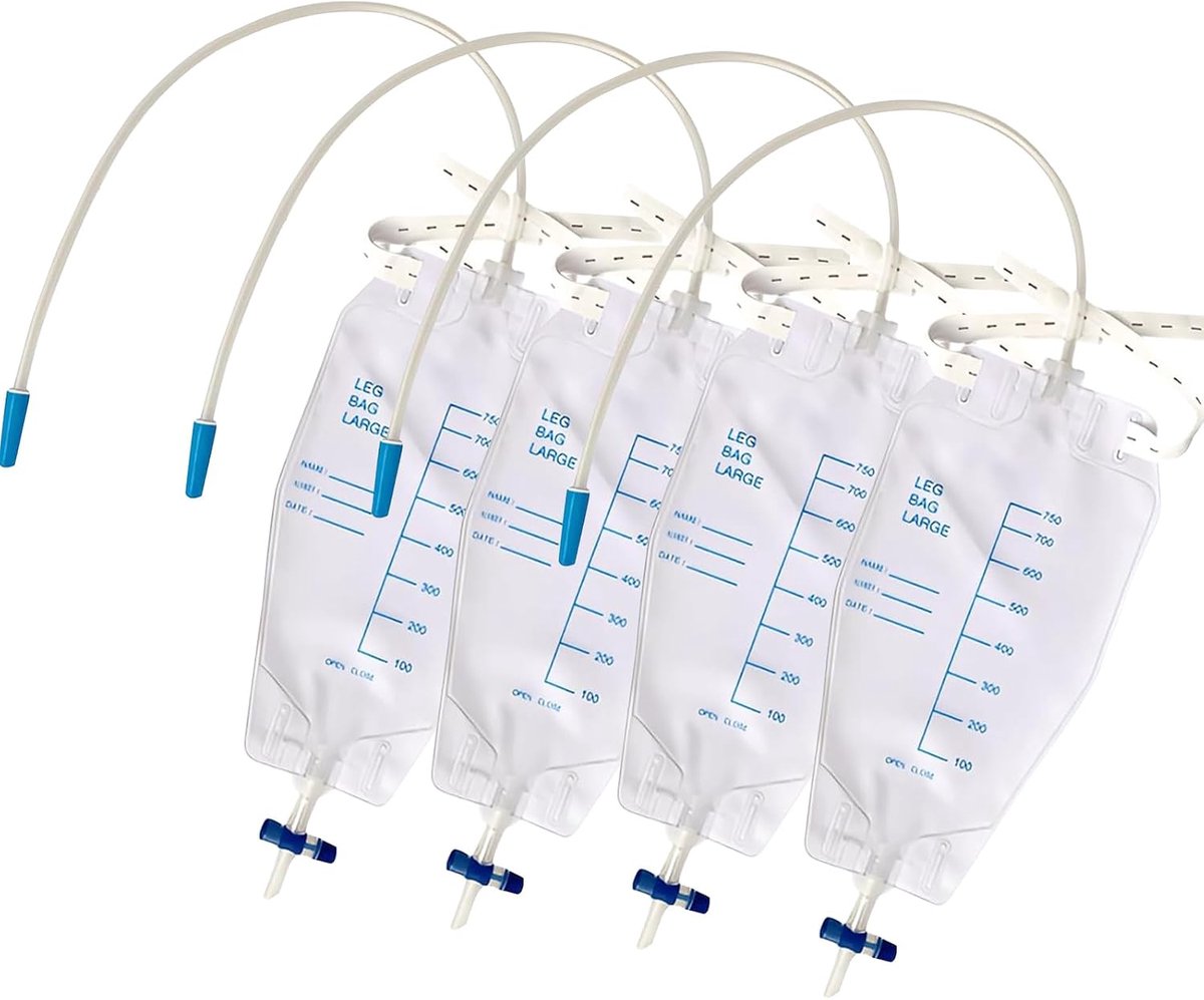 Urinezak Beenzak – 4 stuks 750ml Urinezak met T-afvoer, terugstroomschakelaar & 2 bevestigingsbanden, wegwerp urinedrainagezak, Hygiënische beenzak voor incontinentie & zorg