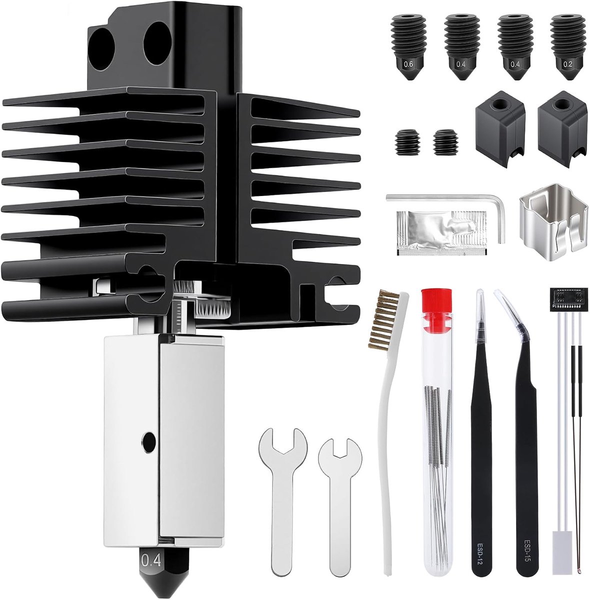 P1P/P1S hotend complete set, met 0,2/0,4/0,6 mm gehard stalen mondstukken, incl. keramisch verwarmingselement, thermistor en reinigingsgereedschapsset, compatibel met Bambu Lab P1