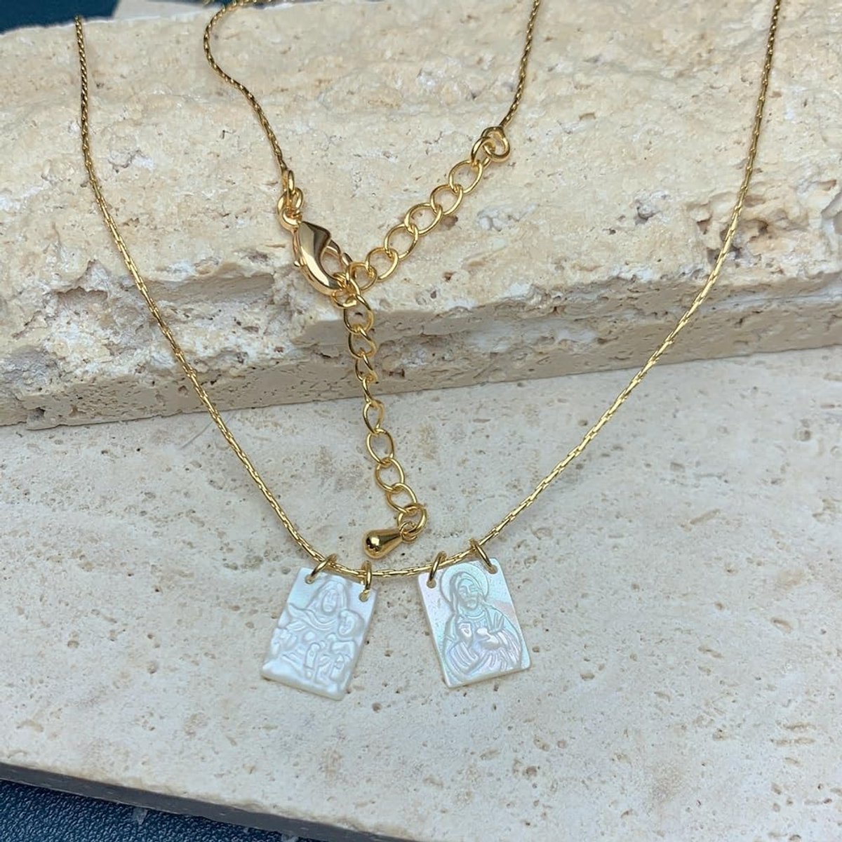 Moeder Van Parel Jezus En Maria Scapulier Ketting,God Jezus Maria Parel 14k Gouden Dubbele Scapulier Ketting