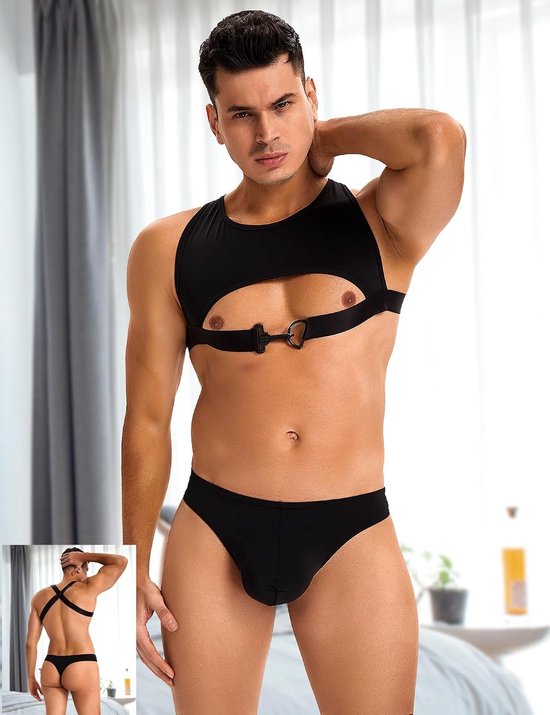 Lingerie set ijszijde Sissy Gay ondergoed mannen tanktop bovendeel met elastische band slip tanga ademend comfortabel sexy sexy lingerie zwart grote maten S-XL — afbeelding 2