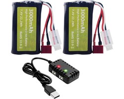 2PCS 7.4V 3000mah 15C 2S Lithium-ion batterij met T-Plug met 2-in-1 lader voor WLtoys 12423 MJX 14301 14302 14303 H16PL RC auto 1/10, 1/12, 1/16 schaal RC auto Truck RC boot batterij
