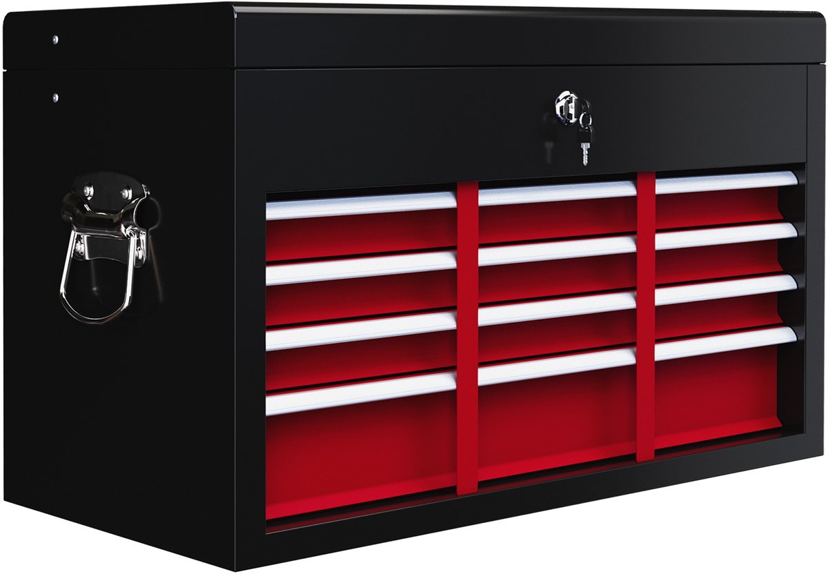Gereedschapskist 60 × 26 × 34 cm Rood en zwart Metaal Opbergkist voor gereedschap, gereedschapskast en werkplaatskast, stabiel en duurzaam, praktisch en stijlvol, gemakkelijk schoon te maken, geschikt voor garage, werkplaats en thuis