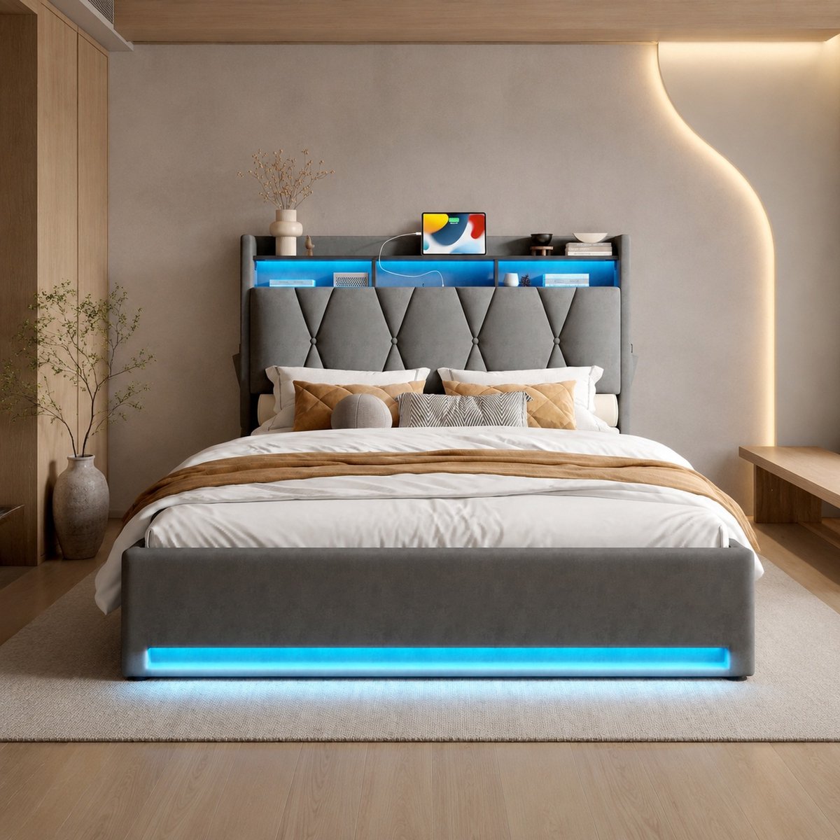 WUVRIE Opbergbed 140x200 cm met LED, USB en USB-C, opklapbaar hoofdbord en lattenbodem, donkergrijs