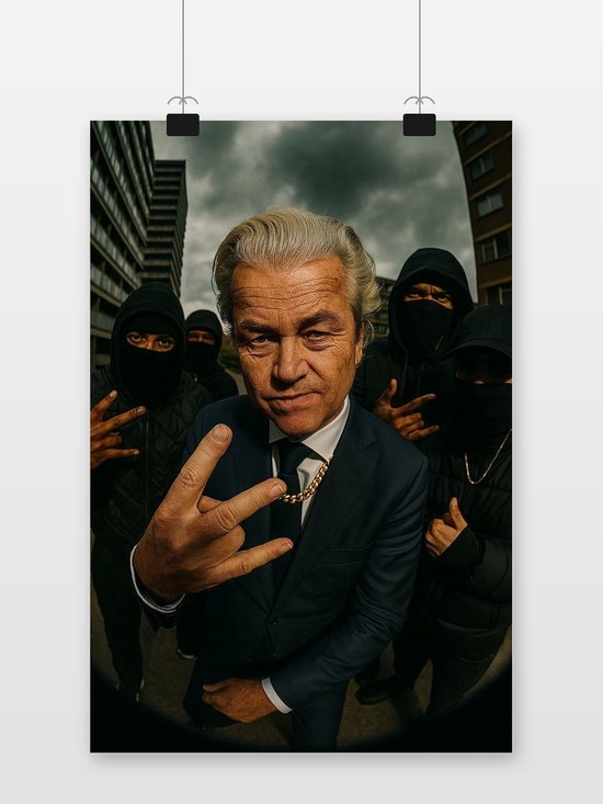 Geert Wilders met opvallend goudkleurig colbert en ketting, omringd door gemaskerde figuren.