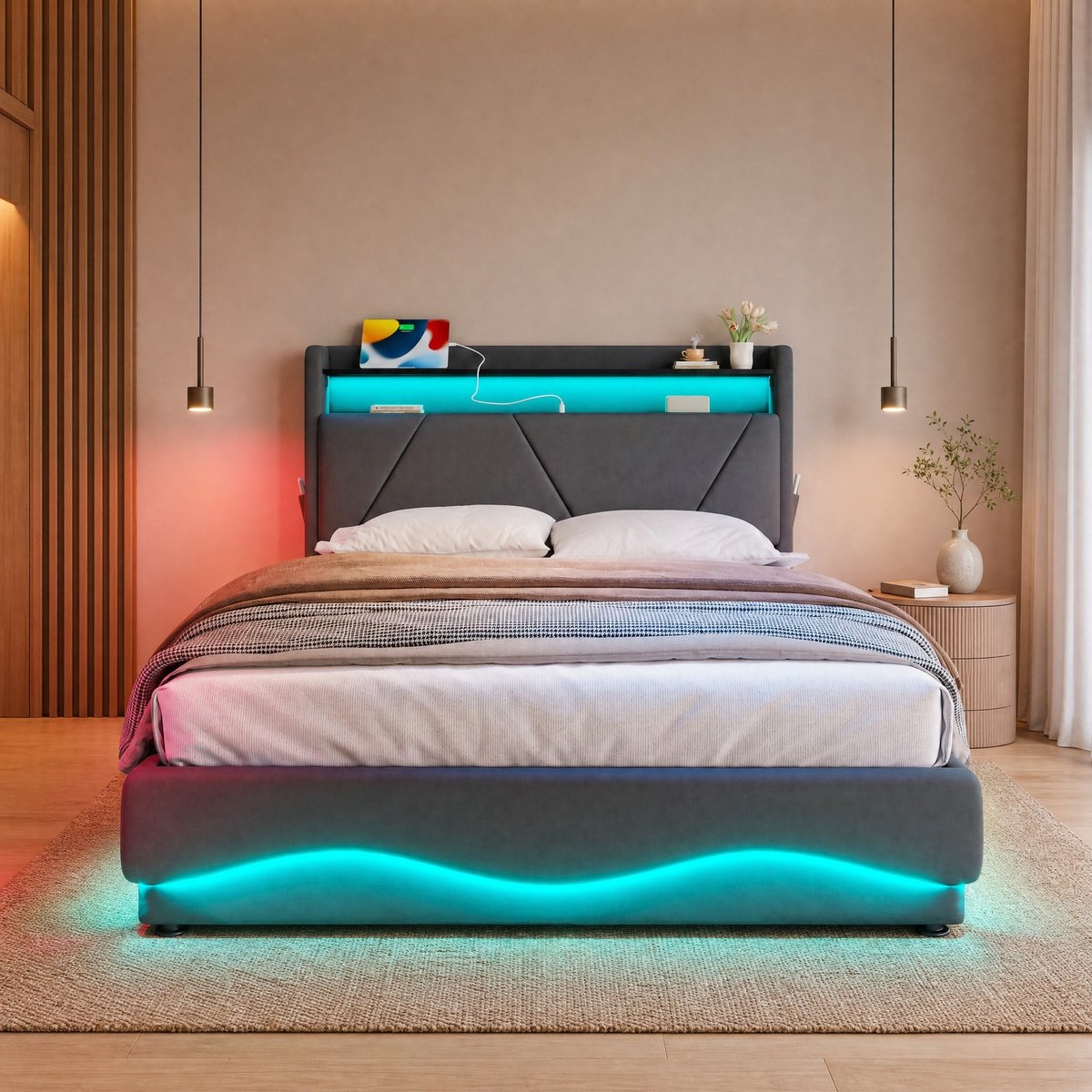 WUVRIE Tweepersoonsbed 140x200 cm met LED, opbergruimte, gasdruk-lattenbodem en USB/Type-C, donkergrijs
