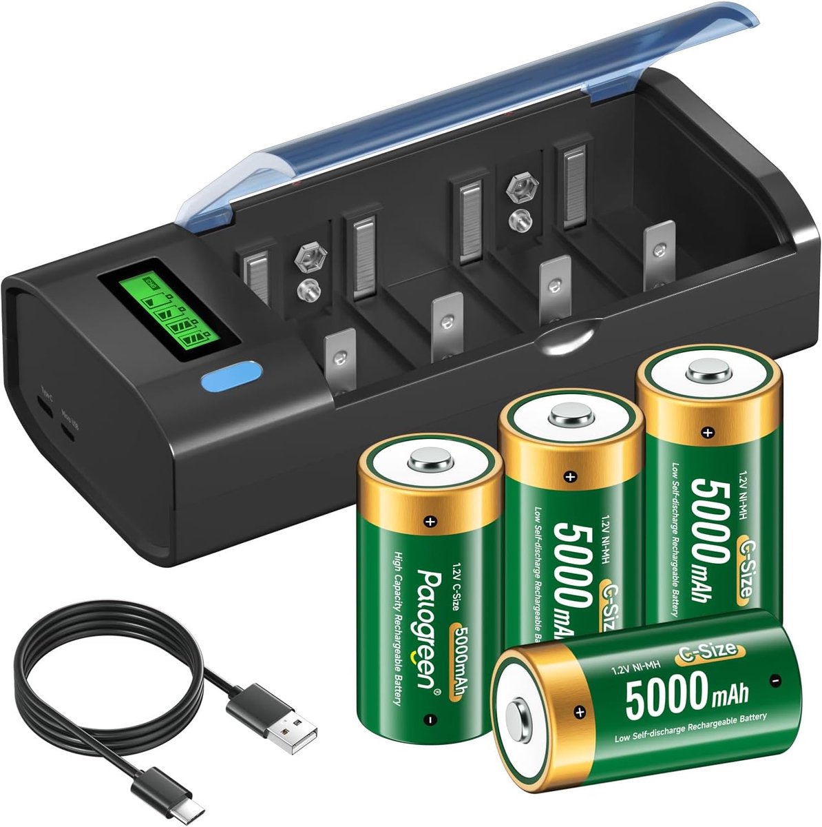 SnelShoppen - Oplaadbare C Batterijen met Universele Lader voor AA/AAA/C/D 9V NI-MH - 4x 5000mAh - Slim LCD Display - Ideaal voor Thuis, Camping en Ki